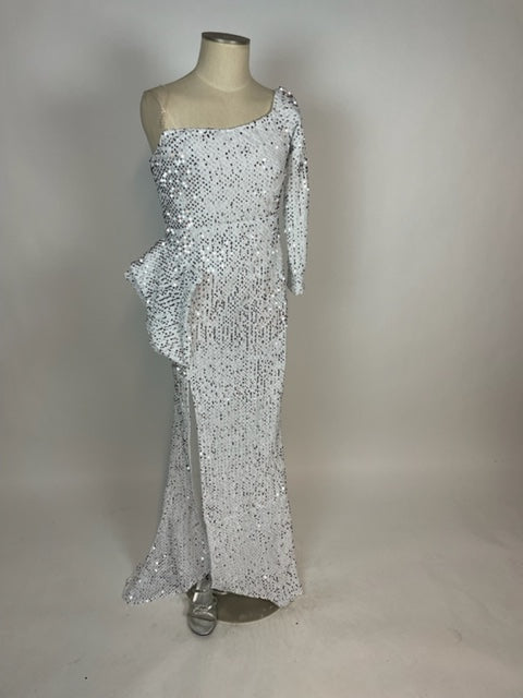 White with Silver Sequin Gown 1123