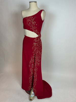 Red One shoulder 2 piece Gown with Beads 1124