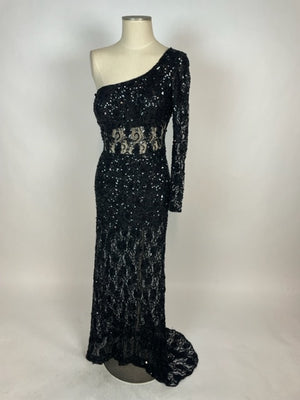 Black One Sleeve Sequin Beaded and Lace Gown 1128