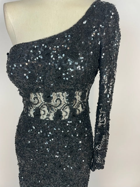 Black One Sleeve Sequin Beaded and Lace Gown 1128