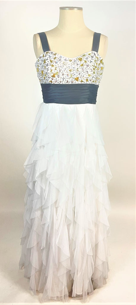 White Ruffle with Stone Top Evening Gown 1173