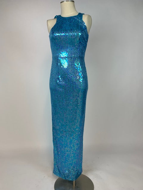 Turquoise Liquid Sequin Evening Gown 971