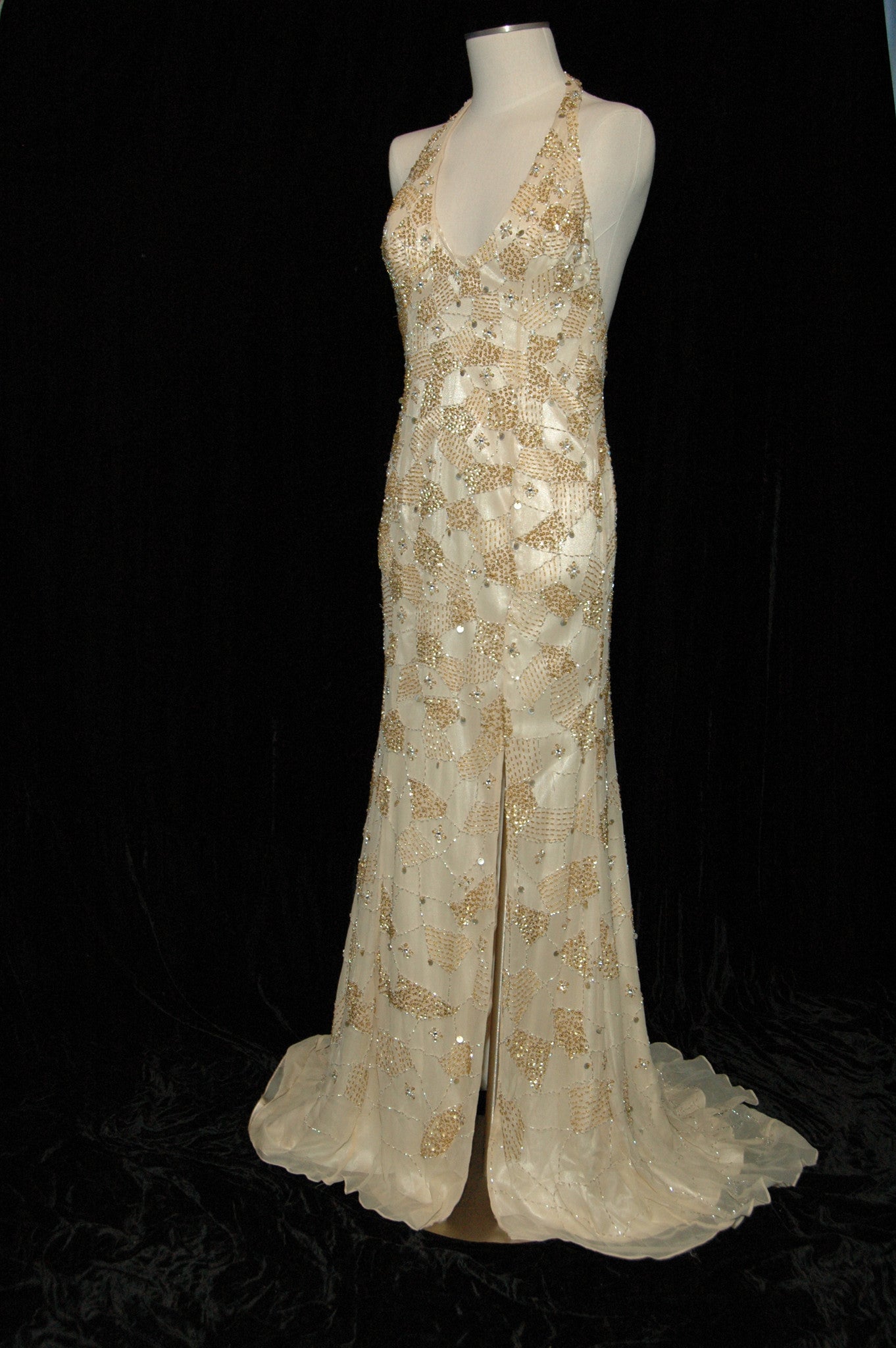 Champagne Beaded Evening Gown with Train 160