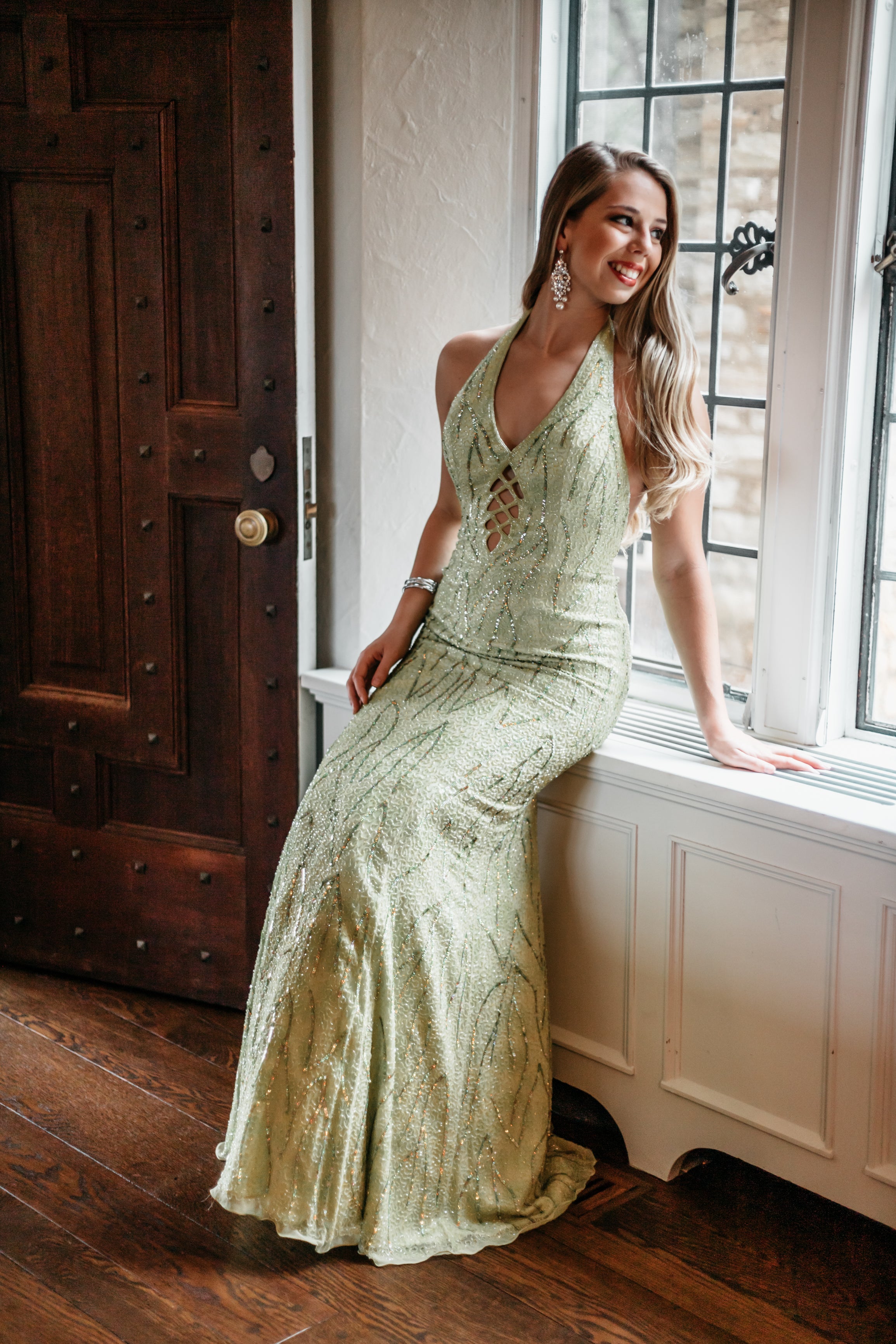 Green Beaded Evening Gown 587