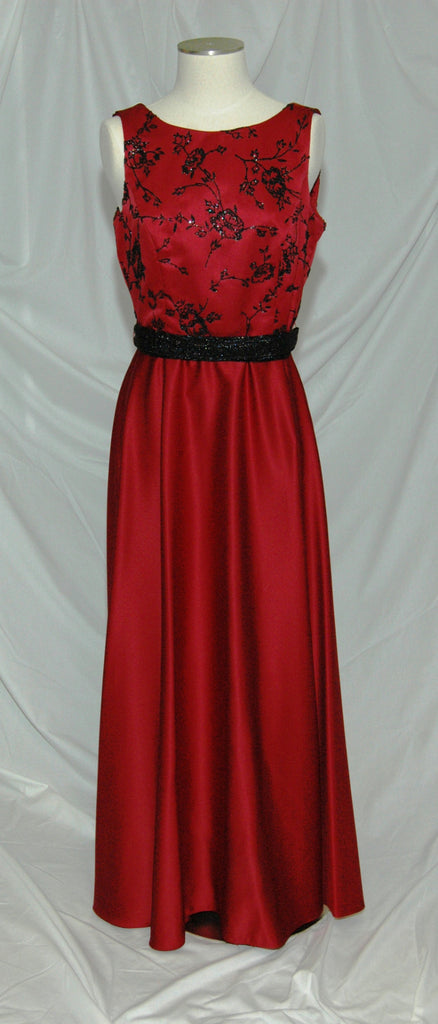 Red Gown with Black Designs in the Top & Black Sash 142